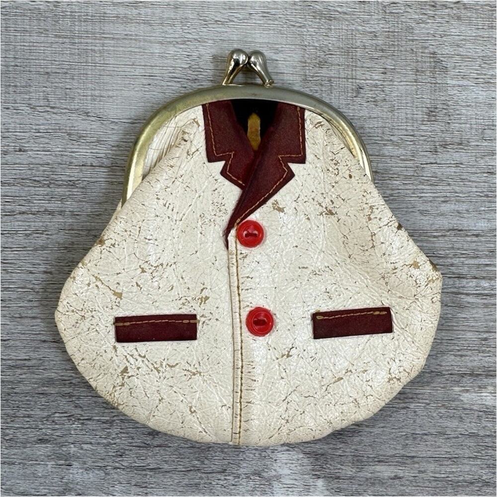 Ivory Brown Red Fabric Coin Purse with Jacket Design and Red Buttons, 4.5"